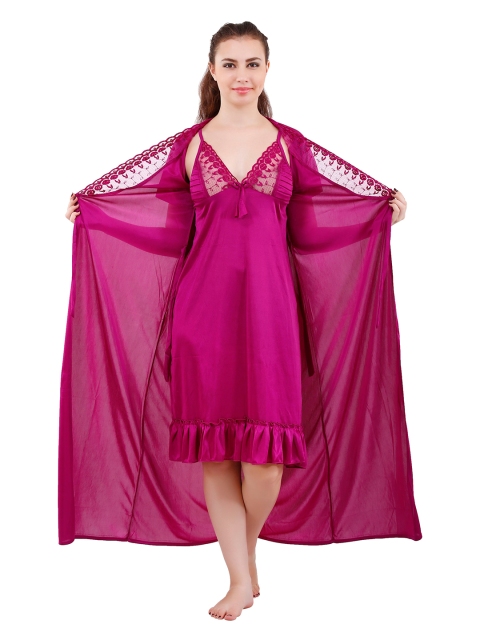 

Magenta Satin Solid Knee Length Nighty With Robe
