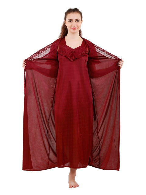 

Romaisa Maroon Solid Satin Maxi Nightdress with Robe