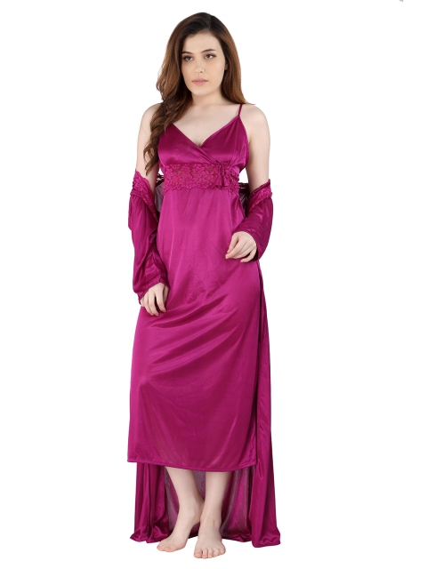 

Romaisa Magenta Solid Satin Maxi Nightdress