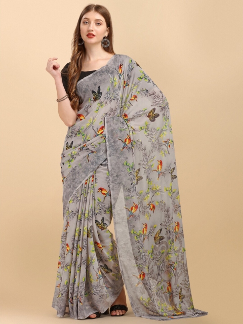 

Sangria Grey & Yellow Pure Georgette abstract print Saree