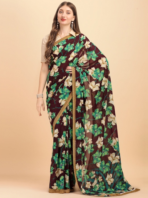 

Sangria Purple & Beige Floral Pure Georgette Saree