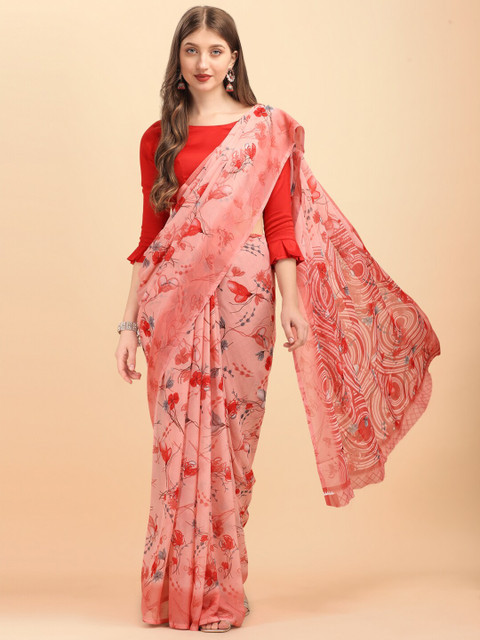 

Sangria Pink Floral Printed Pure Georgette Saree