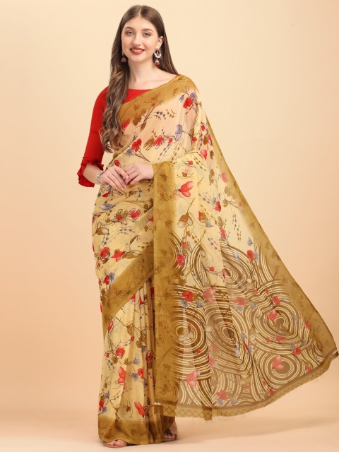 

Sangria Beige & Red Floral Pure Printed Georgette Saree