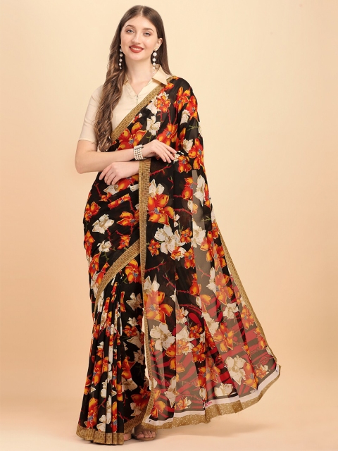 

Sangria Black & Cream-Coloured Floral Pure Georgette Saree