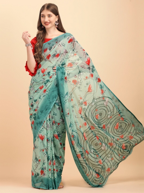 

Sangria Turquoise Blue & Red Floral Pure Georgette Saree