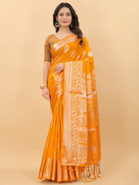 

LINARO LIFESTYLES Yellow & Gold-Toned Woven Design Zari Silk Cotton Banarasi Saree