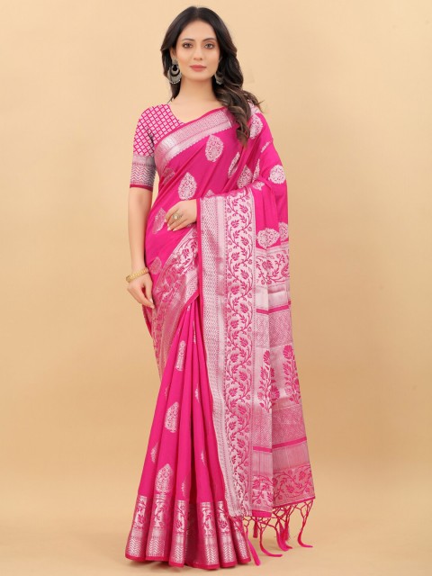 

LINARO LIFESTYLES Women Pink & Silver-Toned Woven Design Zari Silk Cotton Banarasi Saree