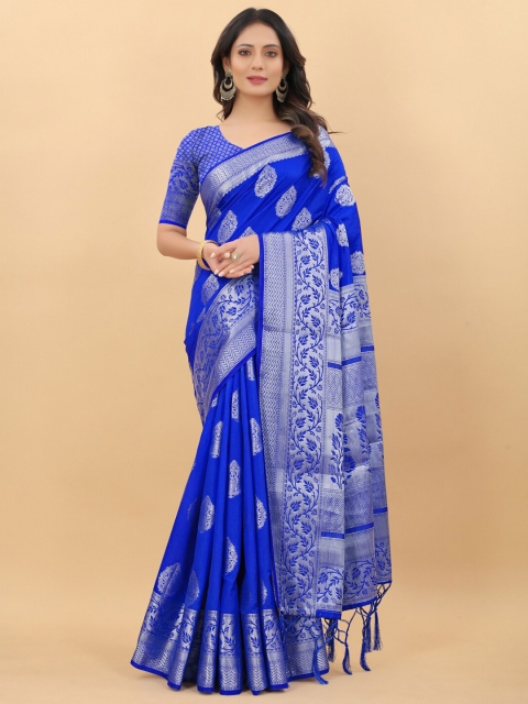

LINARO LIFESTYLES Blue & Silver-Toned Woven Design Zari Silk Cotton Banarasi Saree