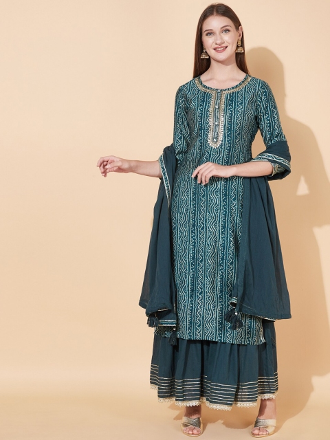 

FASHOR Women Green Printed Gotta Patti Kurti with Palazzos & With Dupatta