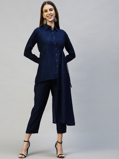 

FASHOR Women Blue Striped Muslin Silk Ethnic Printed Asymmetrical Co-ord Set