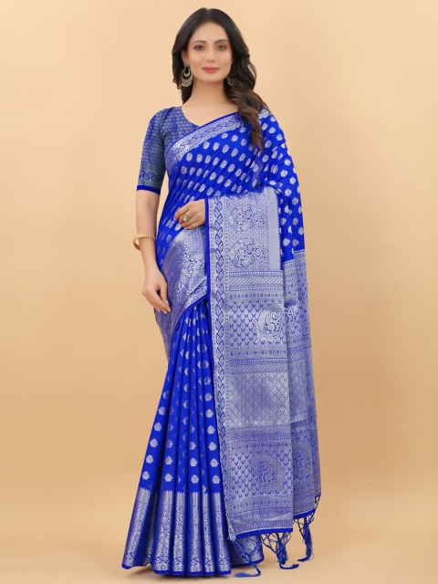 

LINARO LIFESTYLES Blue & Silver-Toned Woven Design Zari Silk Cotton Banarasi Saree