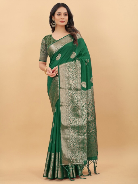 

LINARO LIFESTYLES Green & Gold-Toned Ethnic Motifs Zari Silk Cotton Banarasi Saree