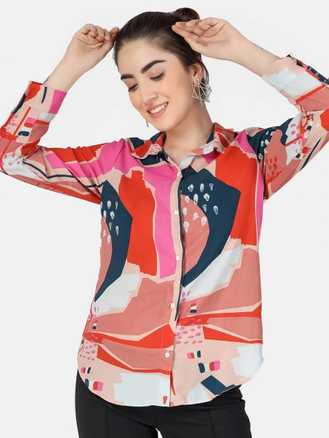 

angloindu Red Print Crepe Shirt Style Top