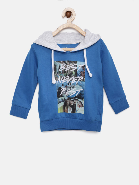 

Gini and Jony Boys Blue Printed Hooded Sweatshirt