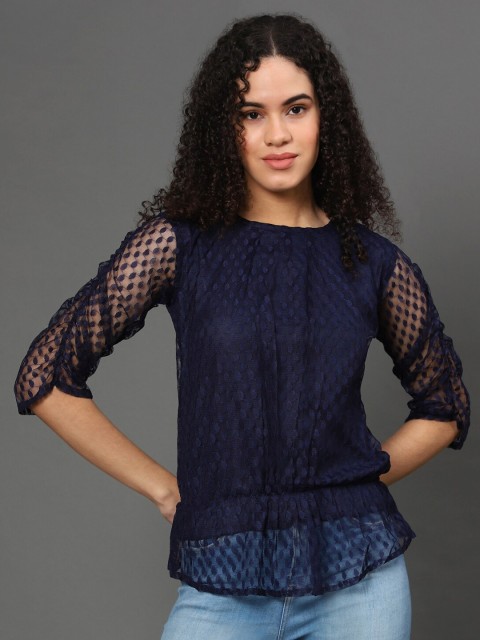 

WESTHOOD Navy Blue Embroidered Net Top