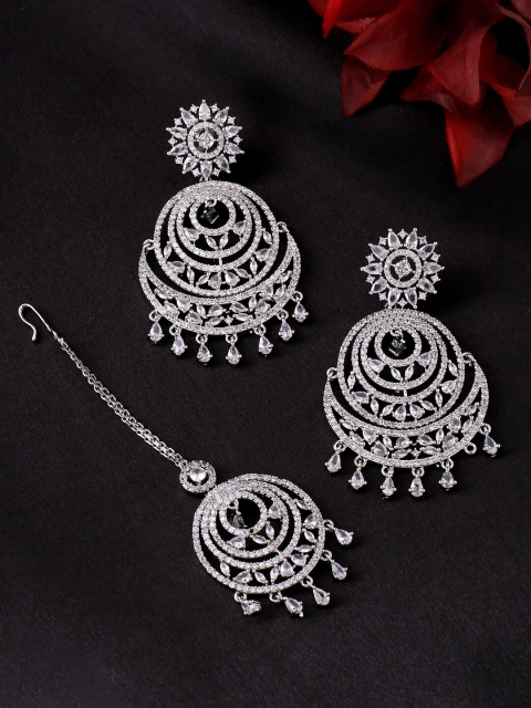 

Yellow Chimes Silver-Toned Contemporary Drop Earrings Set With Mangtikka