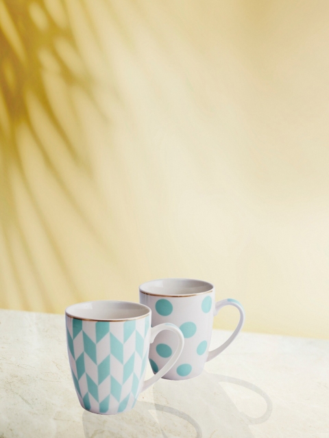 

House Of Accessories Green & White Geometric Printed Ceramic Glossy Mugs Set of Cups and Mugs