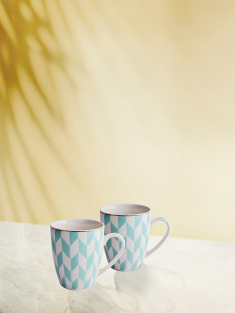 

House Of Accessories Green & White Geometric Printed Ceramic Glossy Mugs Set of 3 Cups and Mugs