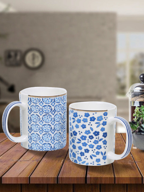 

House Of Accessories Blue & White Floral Printed Ceramic Glossy Mugs Set of Cups and Mugs