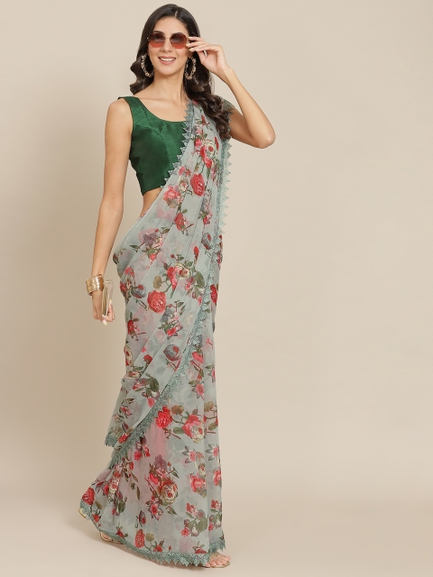 

Tikhi Imli Grey & Red Floral Saree with Chikankari lace