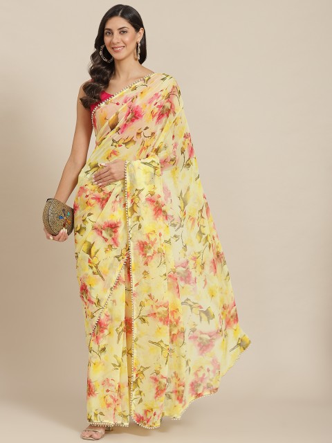 

Tikhi Imli Yellow & Pink Floral Beads and Stones Saree