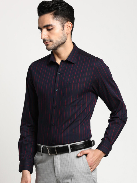 

Turtle Men Navy Blue Slim Fit Striped Pure Cotton Formal Shirt