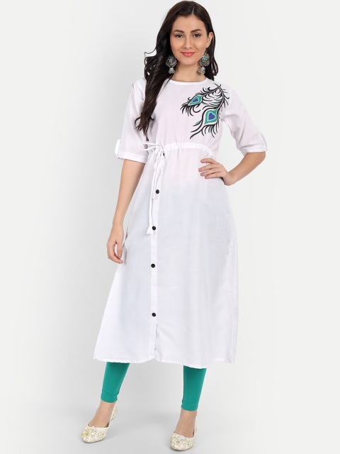 

RUHI FASHION Women White Flared Sleeves Thread Work Kurta