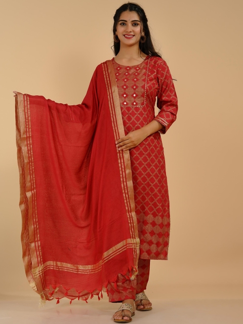 

Tetalee Women Red Printed Gotta Patti Pure Cotton Kurti with Trousers & Dupatta