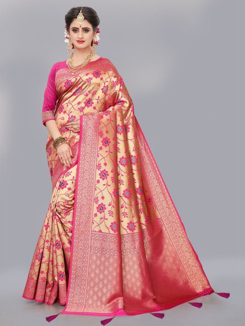 

FASHION YOU Women Pink & Gold-Toned Woven Design Zari Silk Blend Kanjeevaram Saree