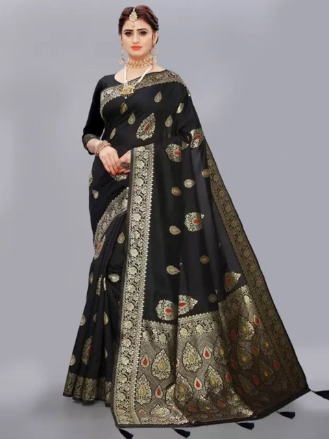 

FASHION YOU Black & Gold-Toned Woven Design Zari Silk Blend Kanjeevaram Saree