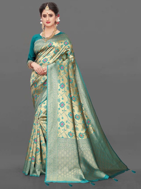 

FASHION YOU Green & Gold-Toned Floral Zari Silk Blend Kanjeevaram Saree