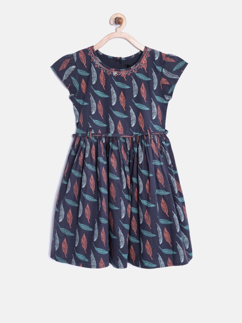 

Gini and Jony Girls Navy Feather Print Fit & Flare Dress, Navy blue