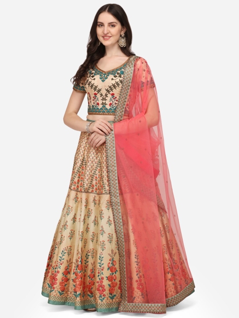 

SAPTRANGI Pink & Beige Embroidered Semi-Stitched Lehenga & Unstitched Blouse With Dupatta