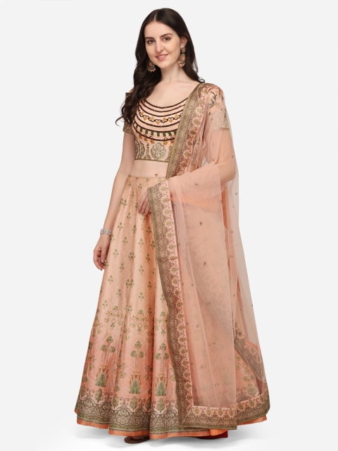 

SAPTRANGI Peach-Coloured & Green Embroidered Semi-Stitched Lehenga & Unstitched Blouse With Dupatta