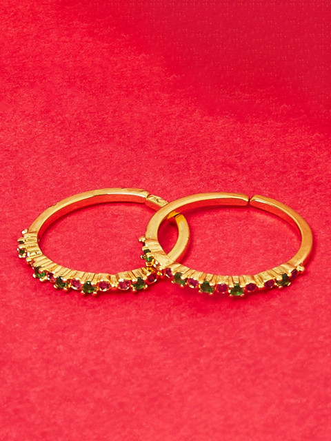 

Voylla Set of 2 Gold-Plated Pink & Green CZ Studded Adjustable Toe Rings