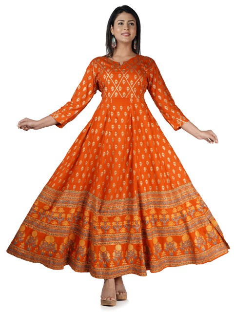 

JAIPURI COLLECTION Women Orange & Gold-Toned Ethnic Motifs Printed Anarkali Kurta