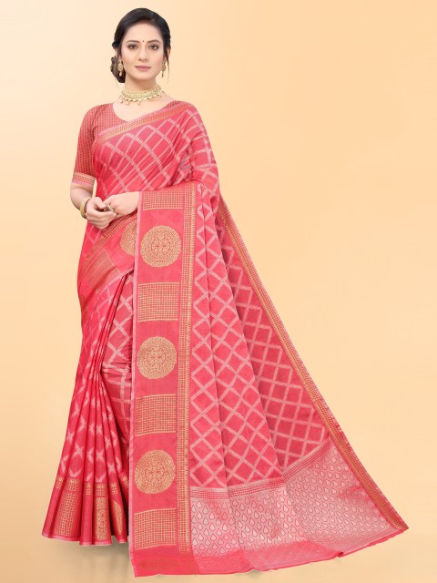 

Mitera Pink & Gold-Toned Linen Blend Woven Design Zari Organza Banarasi Saree