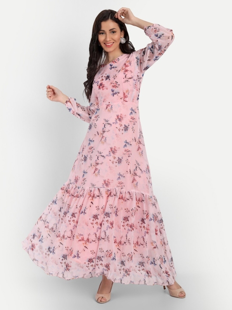 

RUHI FASHION Women Pink & Grey Floral Georgette Maxi Dress
