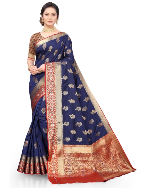 

Nimayaa Navy Blue & Red Woven Design Zari Organza Banarasi Saree