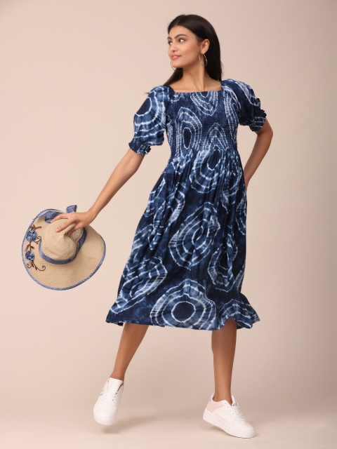 

NAYRA Women Navy Blue Abstract Print Smoked A-Line Midi Dress