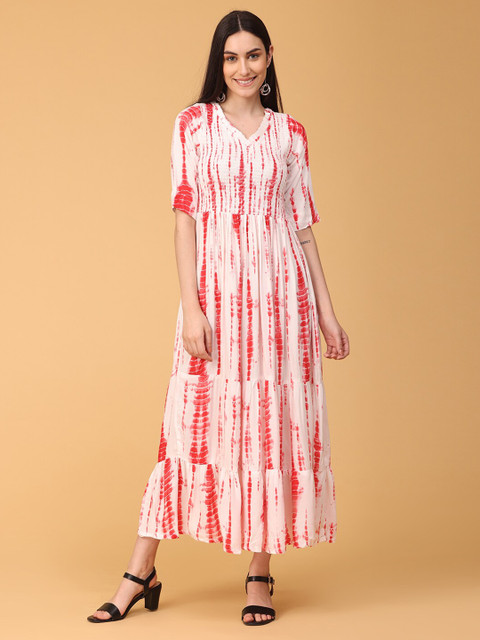

NAYRA Red & White Tie and Dye Dyed Maxi Dress