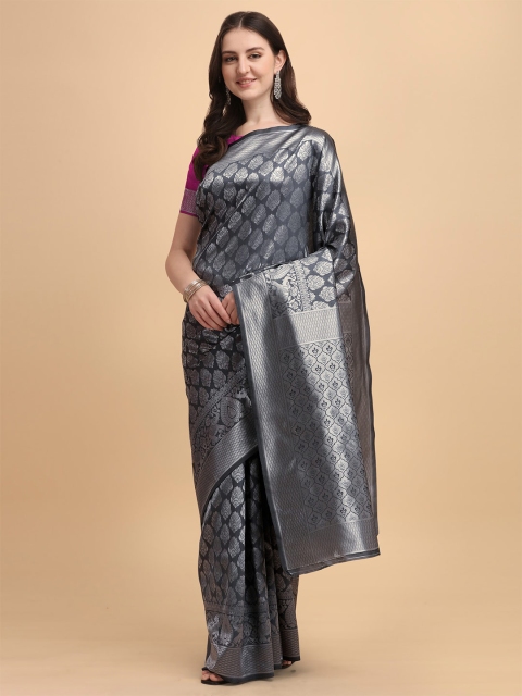 

Kasak Silver-Toned & Grey Woven Design Zari Pure Silk Banarasi Saree