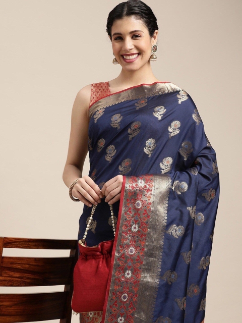 

all about you Navy Blue & Maroon Woven Design Zari Organza Banarasi Saree