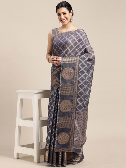 

all about you Women Grey & Gold-Toned Woven Design Zari Organza Banarasi Saree