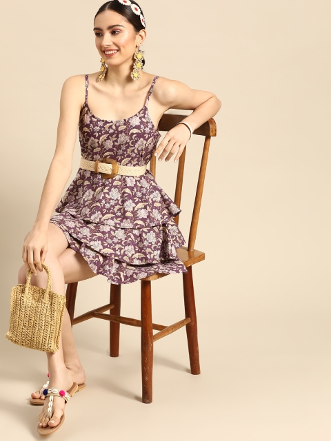 

Sangria Purple & Beige Floral Layered A-Line Dress