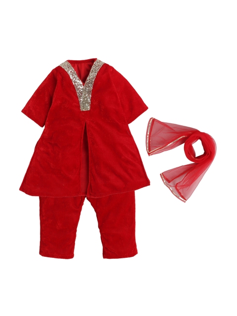 

MANY FROCKS & Girls Red Velvet Kurta with Pyjamas & With Dupatta