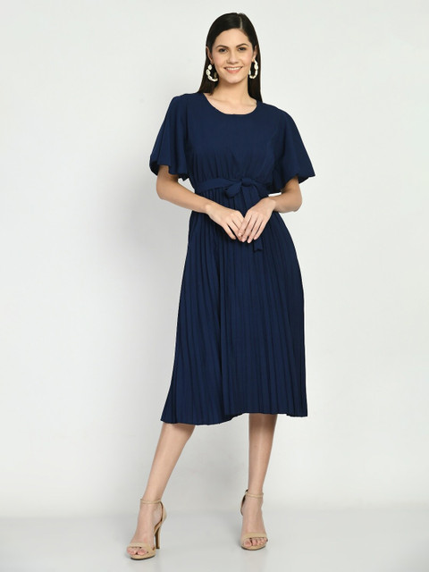 

LEXREX Navy Blue Soid Accordion pleated Midi Dress