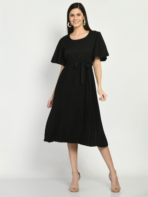 

LEXREX Black Midi Dress with waist band tie up and flare sleeve
