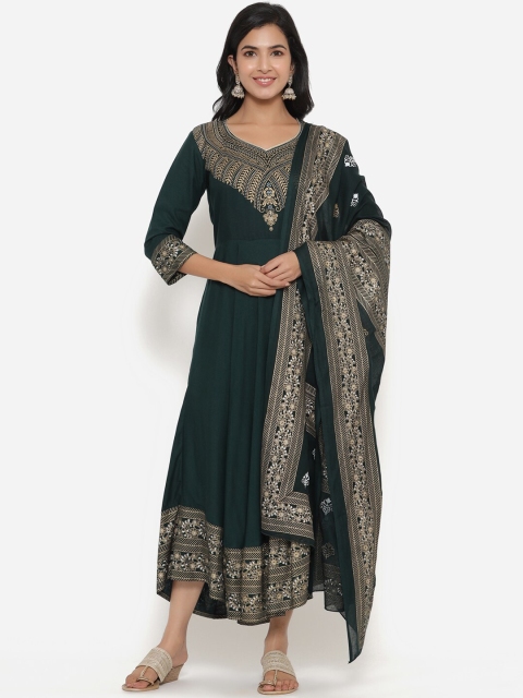 

SBR BABA KURTI Women Green Ethnic Motifs Embroidered Flared Sleeves Anarkali Kurtas