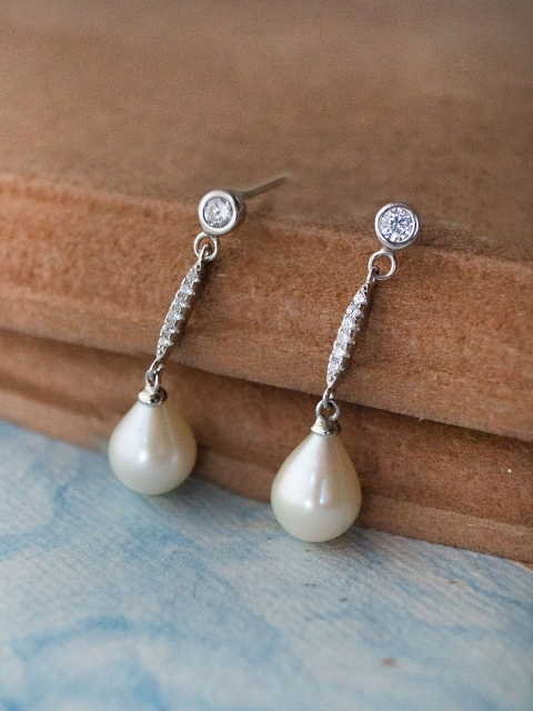 

MANNASH women's Silver-Toned & White Teardrop Shaped Drop Earrings